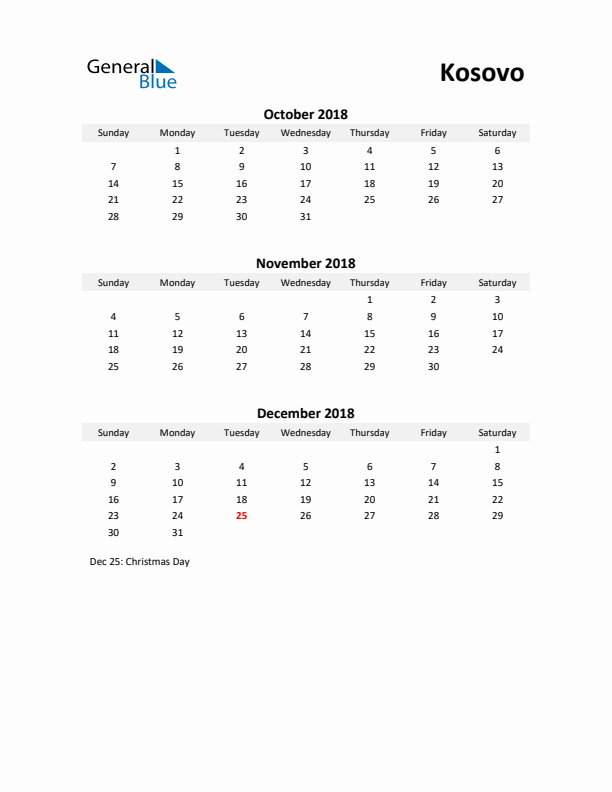 Printable Quarterly Calendar with Notes and Kosovo Holidays- Q4 of 2018