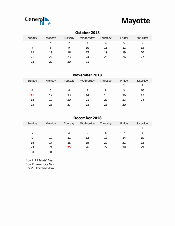 Printable Quarterly Calendar with Notes and Mayotte Holidays- Q4 of 2018