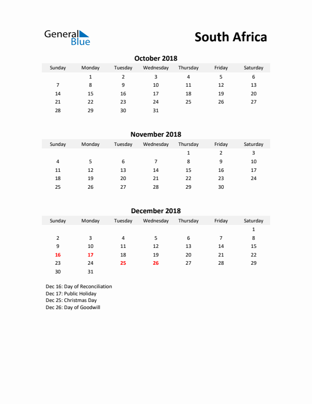 Printable Quarterly Calendar with Notes and South Africa Holidays- Q4 of 2018