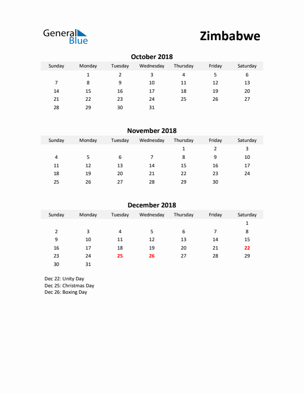 Printable Quarterly Calendar with Notes and Zimbabwe Holidays- Q4 of 2018