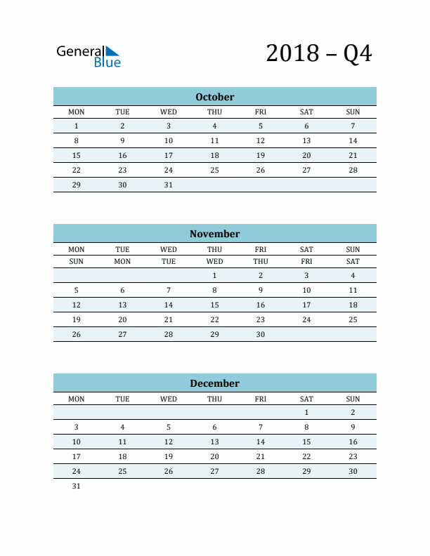 October, November, and December 2018 Calendar