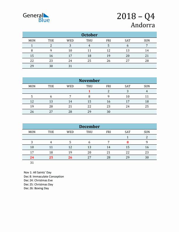 Three-Month Planner for Q4 2018 with Holidays - Andorra