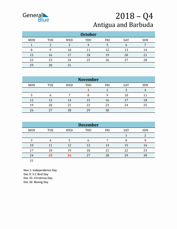 Three-Month Planner for Q4 2018 with Holidays - Antigua and Barbuda