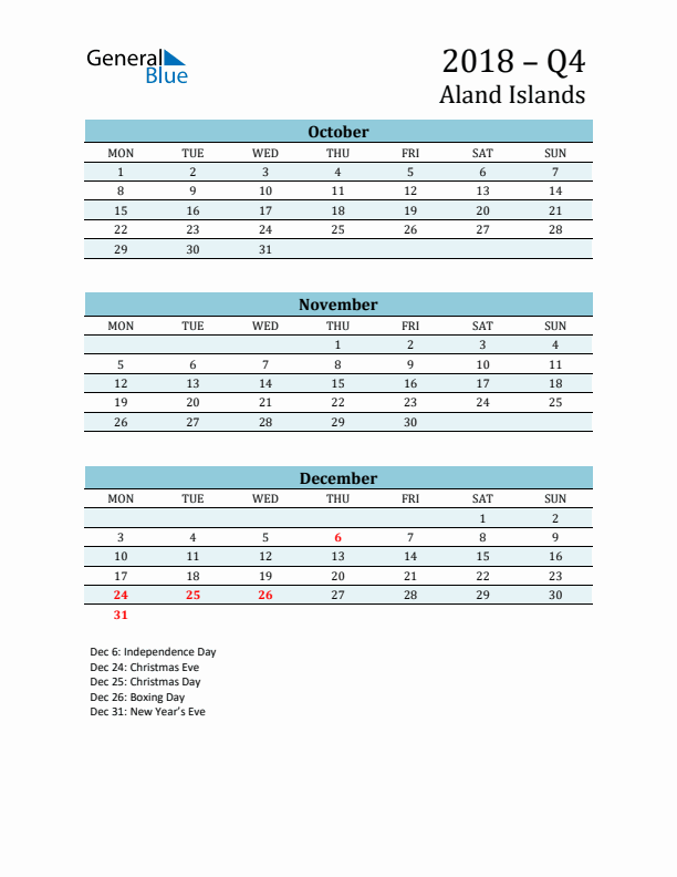 Three-Month Planner for Q4 2018 with Holidays - Aland Islands