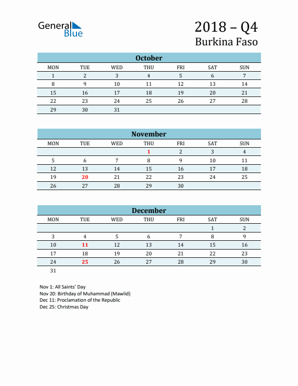 Three-Month Planner for Q4 2018 with Holidays - Burkina Faso