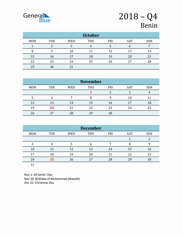 Three-Month Planner for Q4 2018 with Holidays - Benin