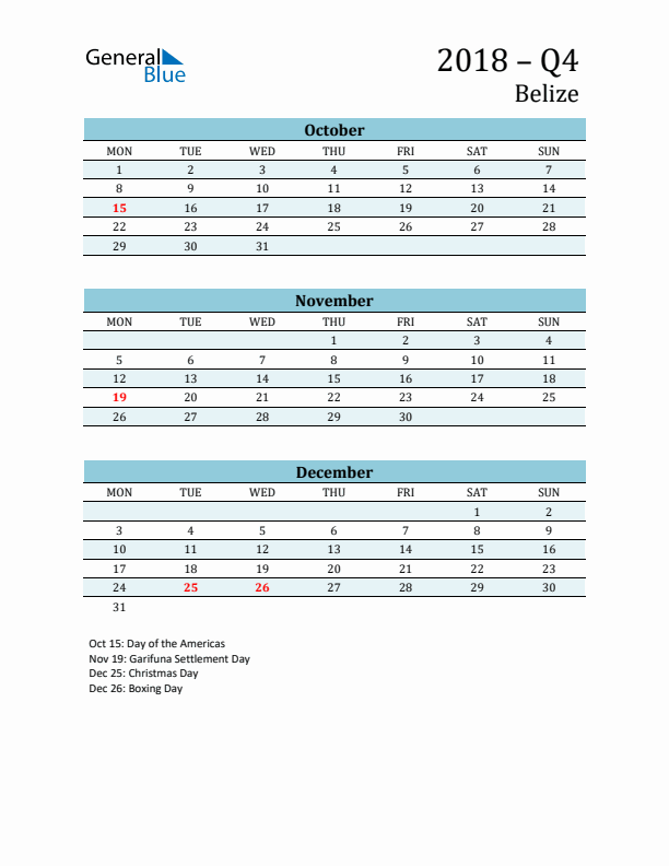 Three-Month Planner for Q4 2018 with Holidays - Belize