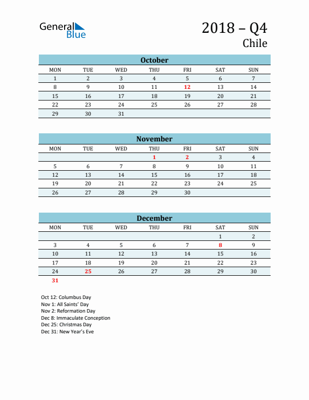 Three-Month Planner for Q4 2018 with Holidays - Chile