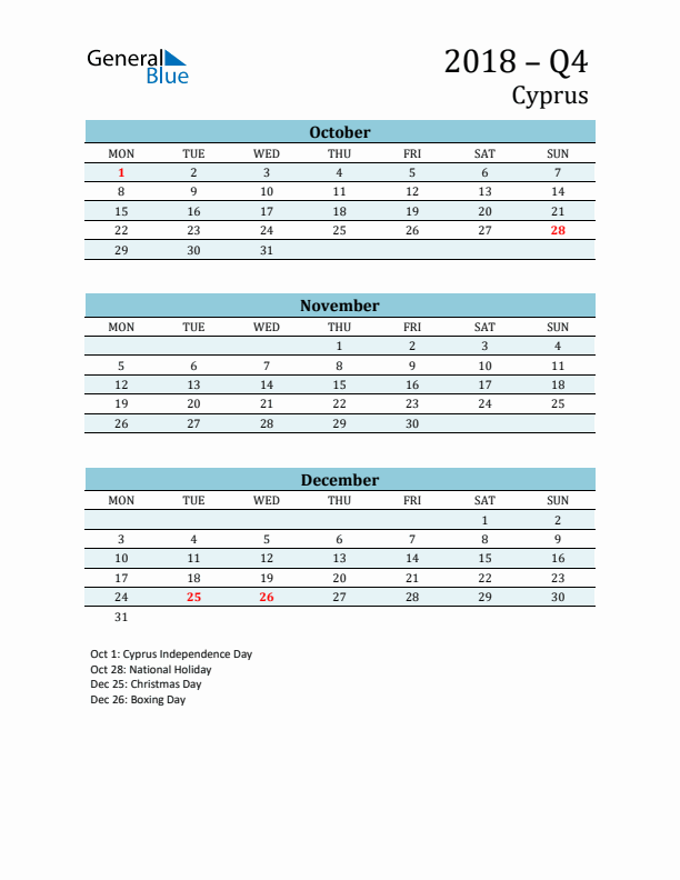 Three-Month Planner for Q4 2018 with Holidays - Cyprus