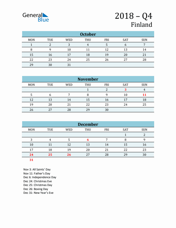 Three-Month Planner for Q4 2018 with Holidays - Finland