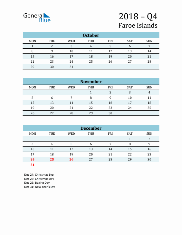 Three-Month Planner for Q4 2018 with Holidays - Faroe Islands