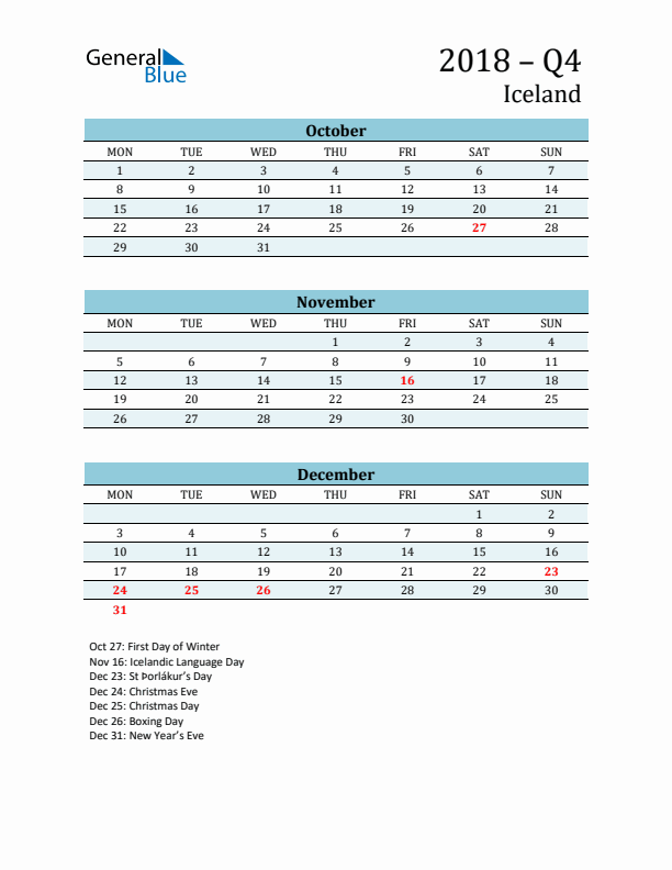 Three-Month Planner for Q4 2018 with Holidays - Iceland