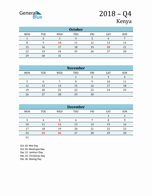 Three-Month Planner for Q4 2018 with Holidays - Kenya