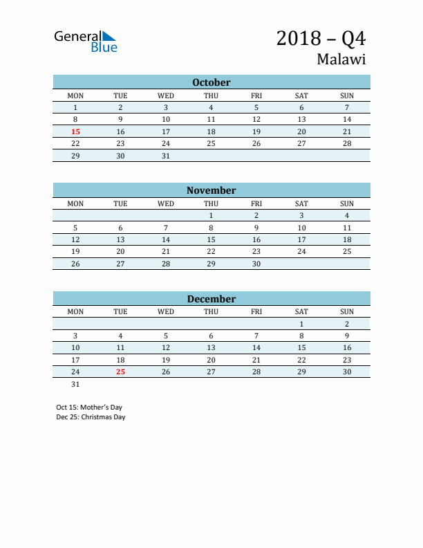 Three-Month Planner for Q4 2018 with Holidays - Malawi