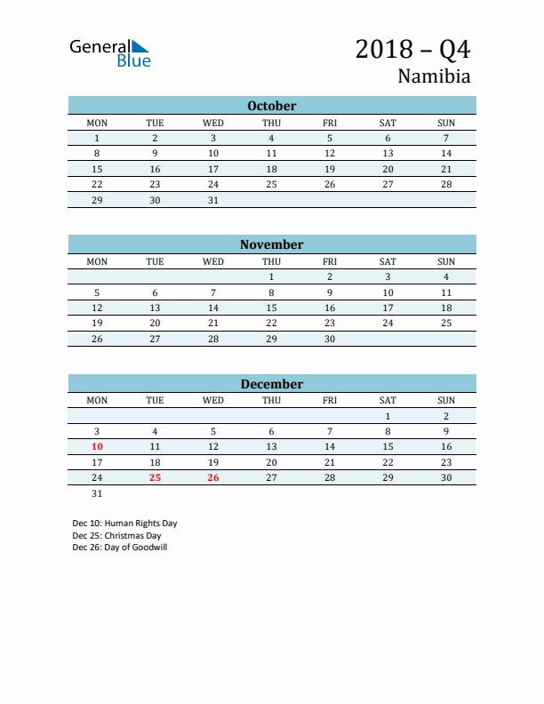 Three-Month Planner for Q4 2018 with Holidays - Namibia