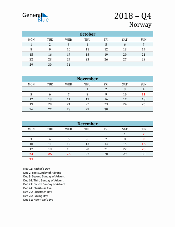 Three-Month Planner for Q4 2018 with Holidays - Norway