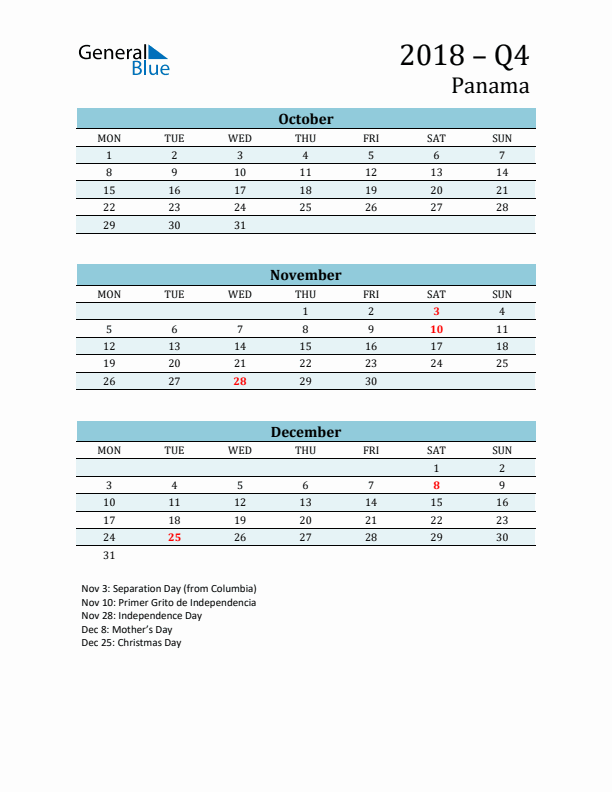 Three-Month Planner for Q4 2018 with Holidays - Panama