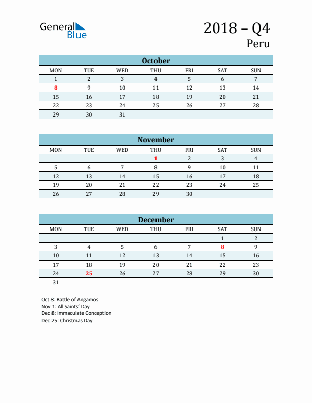 Three-Month Planner for Q4 2018 with Holidays - Peru