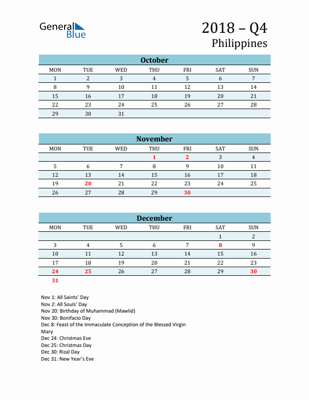 Three-Month Planner for Q4 2018 with Holidays - Philippines