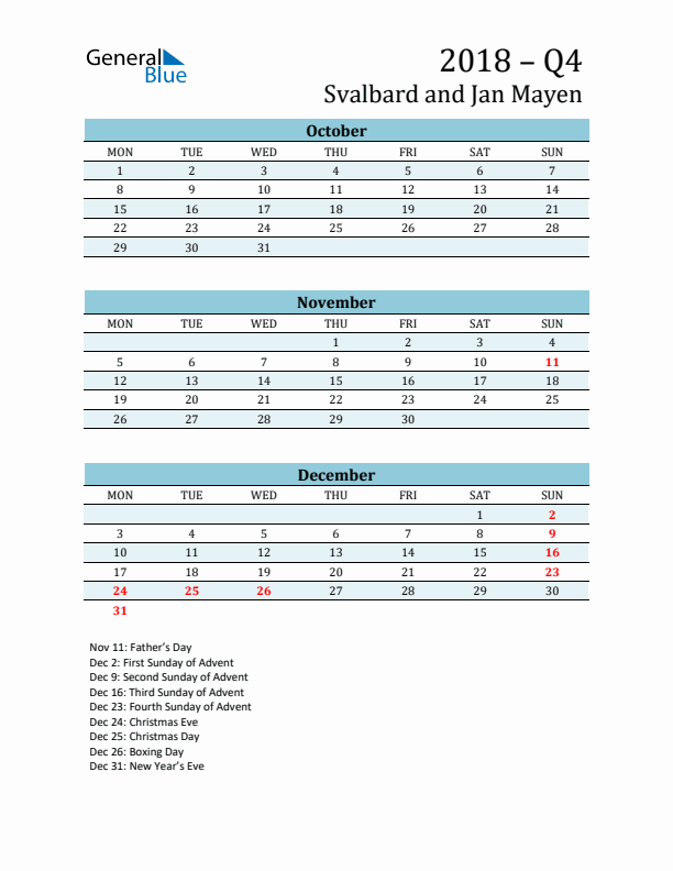 Three-Month Planner for Q4 2018 with Holidays - Svalbard and Jan Mayen