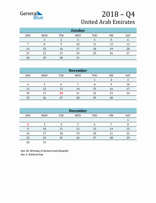 Three-Month Planner for Q4 2018 with Holidays - United Arab Emirates