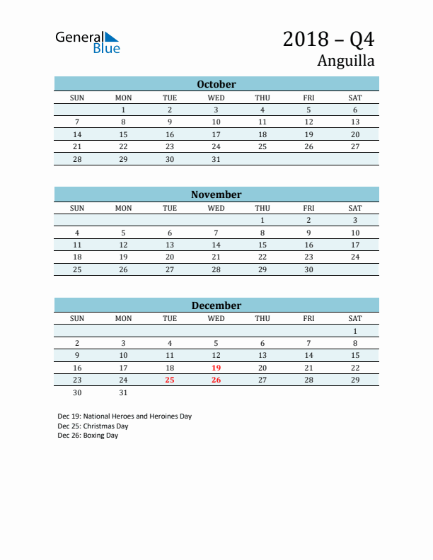 Three-Month Planner for Q4 2018 with Holidays - Anguilla