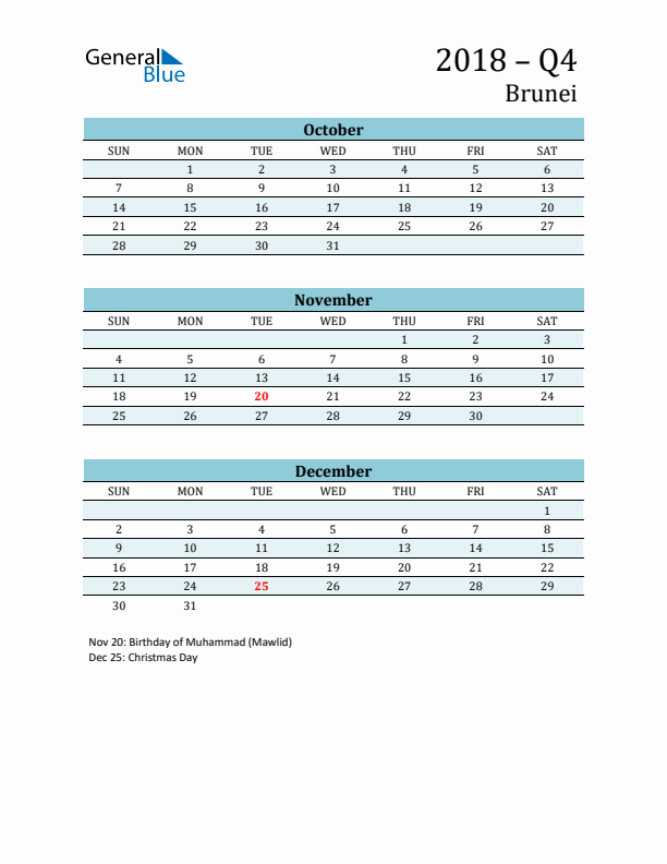 Three-Month Planner for Q4 2018 with Holidays - Brunei