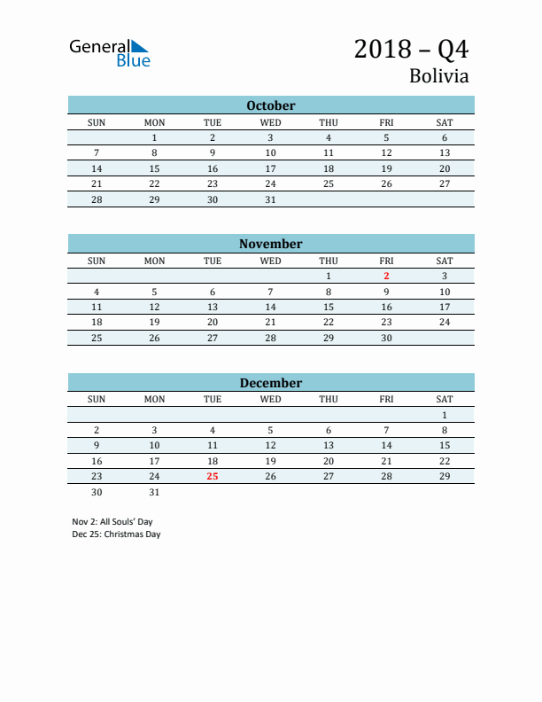 Three-Month Planner for Q4 2018 with Holidays - Bolivia