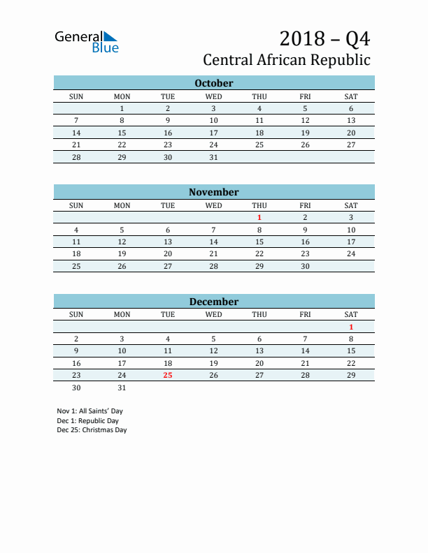 Three-Month Planner for Q4 2018 with Holidays - Central African Republic