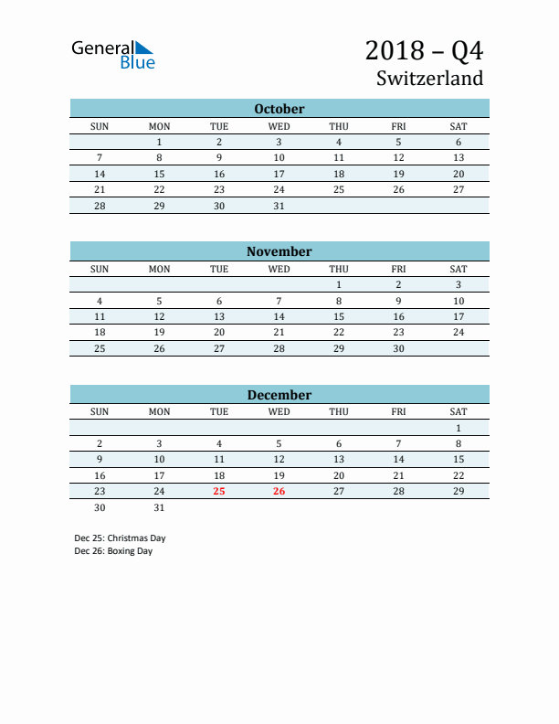 Three-Month Planner for Q4 2018 with Holidays - Switzerland