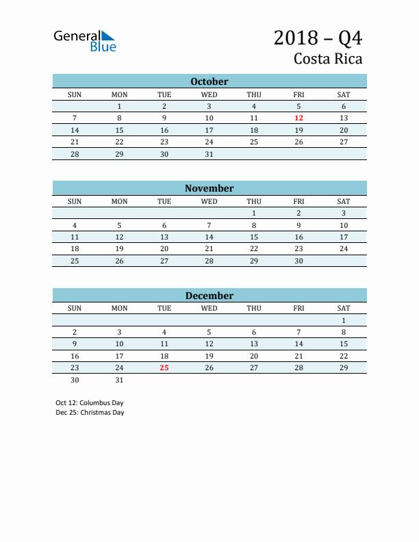 Three-Month Planner for Q4 2018 with Holidays - Costa Rica