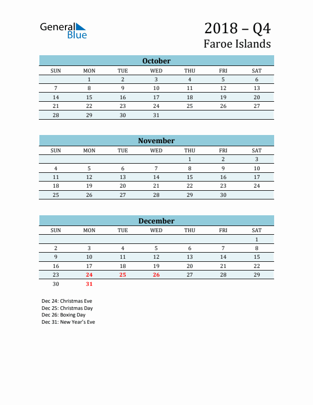 Three-Month Planner for Q4 2018 with Holidays - Faroe Islands