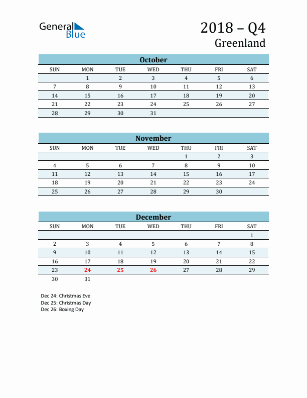 Three-Month Planner for Q4 2018 with Holidays - Greenland