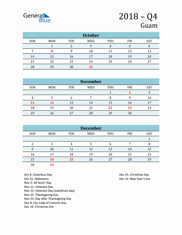 Three-Month Planner for Q4 2018 with Holidays - Guam