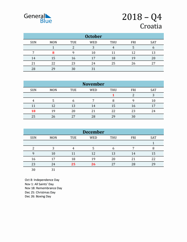 Three-Month Planner for Q4 2018 with Holidays - Croatia