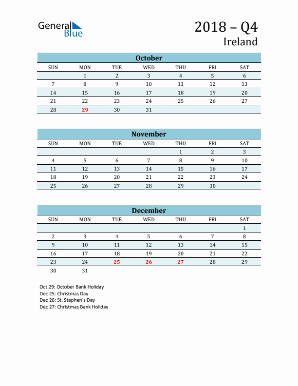 Three-Month Planner for Q4 2018 with Holidays - Ireland