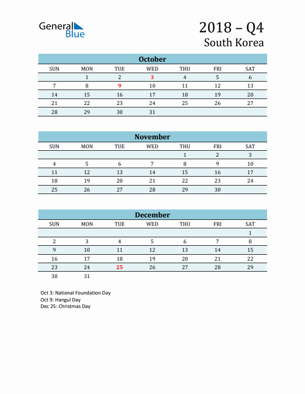 Three-Month Planner for Q4 2018 with Holidays - South Korea