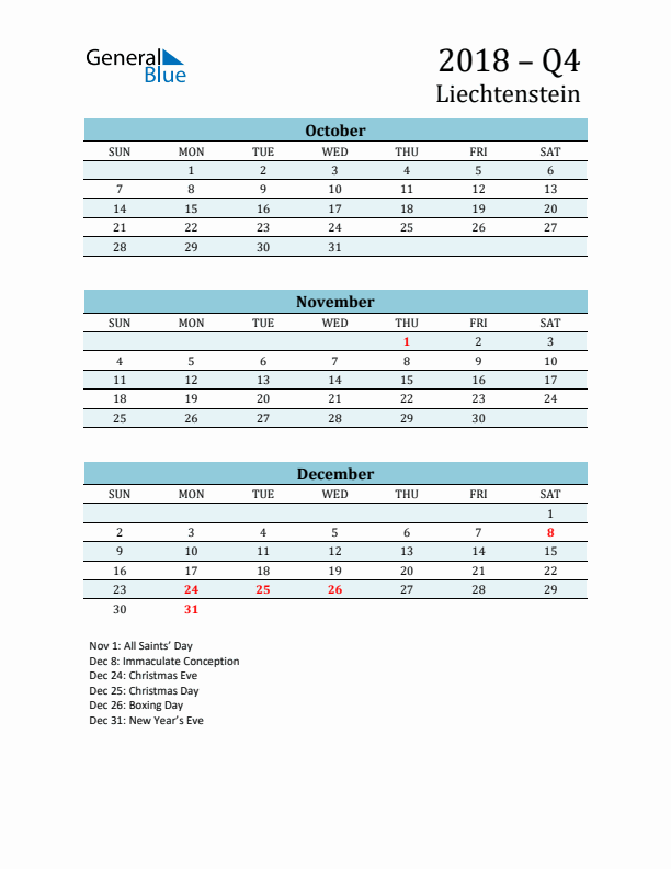 Three-Month Planner for Q4 2018 with Holidays - Liechtenstein