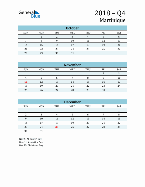 Three-Month Planner for Q4 2018 with Holidays - Martinique