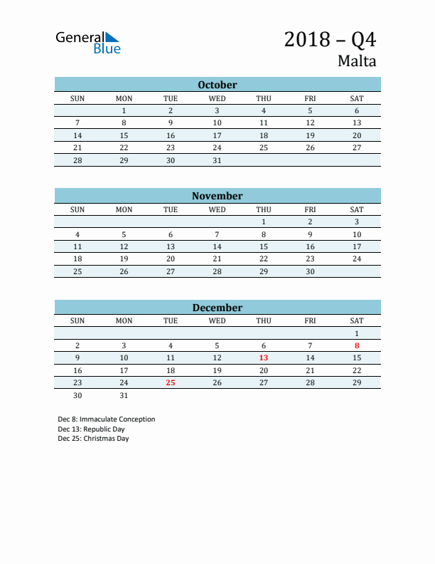 Three-Month Planner for Q4 2018 with Holidays - Malta