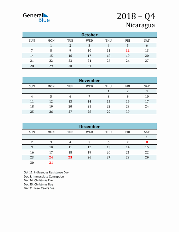 Three-Month Planner for Q4 2018 with Holidays - Nicaragua