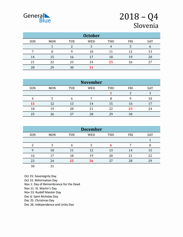 Three-Month Planner for Q4 2018 with Holidays - Slovenia