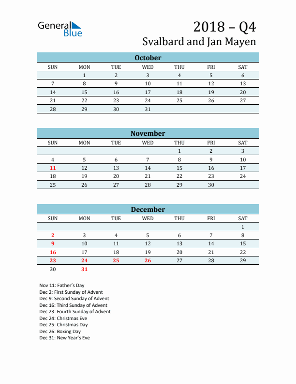 Three-Month Planner for Q4 2018 with Holidays - Svalbard and Jan Mayen