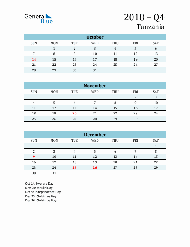 Three-Month Planner for Q4 2018 with Holidays - Tanzania