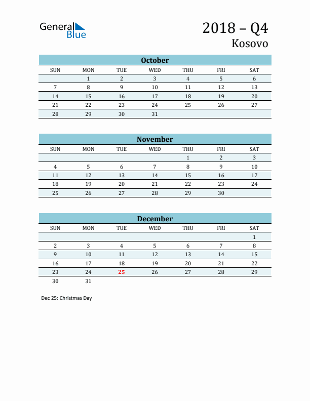 Three-Month Planner for Q4 2018 with Holidays - Kosovo