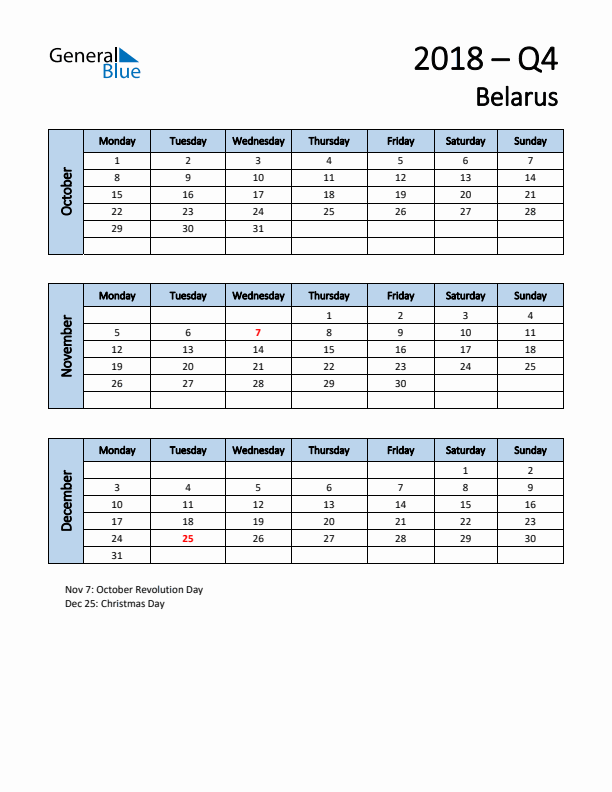 Free Q4 2018 Calendar for Belarus - Monday Start