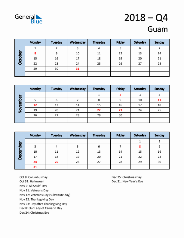 Free Q4 2018 Calendar for Guam - Monday Start