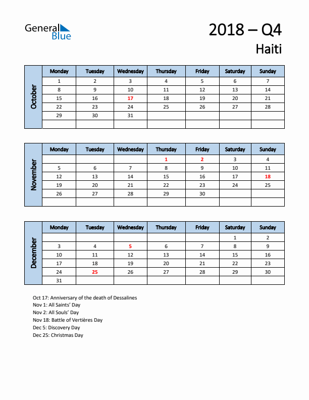 Free Q4 2018 Calendar for Haiti - Monday Start