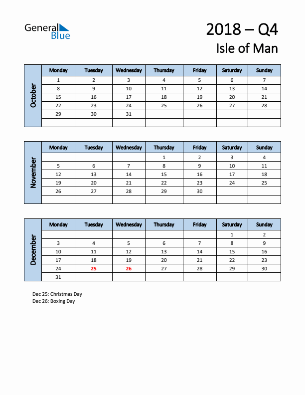 Free Q4 2018 Calendar for Isle of Man - Monday Start