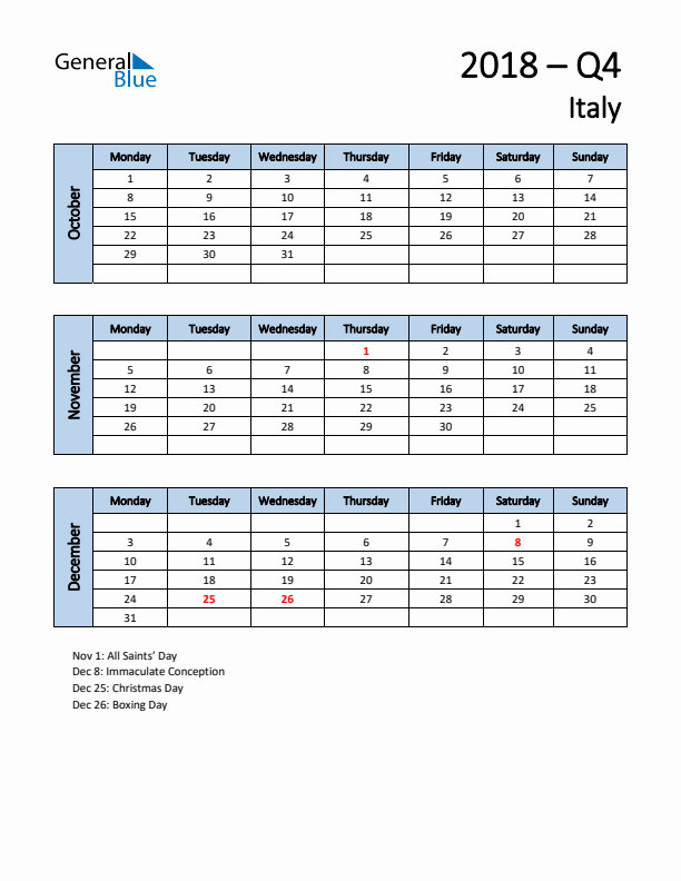 Free Q4 2018 Calendar for Italy - Monday Start